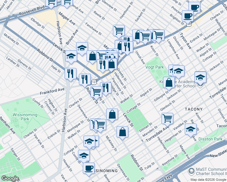 map of restaurants, bars, coffee shops, grocery stores, and more near 4142 Passmore Street in Philadelphia