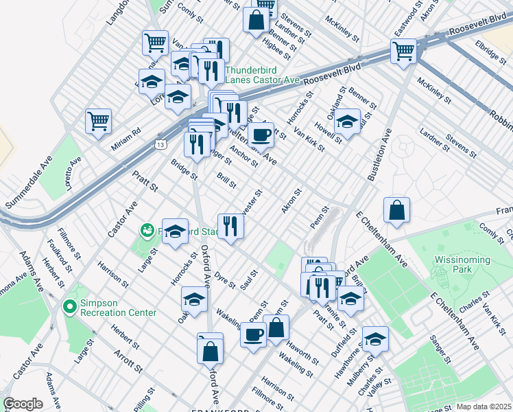 map of restaurants, bars, coffee shops, grocery stores, and more near 5323 Sylvester Street in Philadelphia