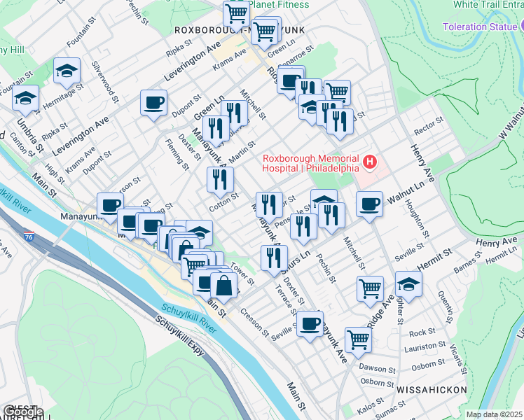 map of restaurants, bars, coffee shops, grocery stores, and more near 4231 Manayunk Avenue in Philadelphia
