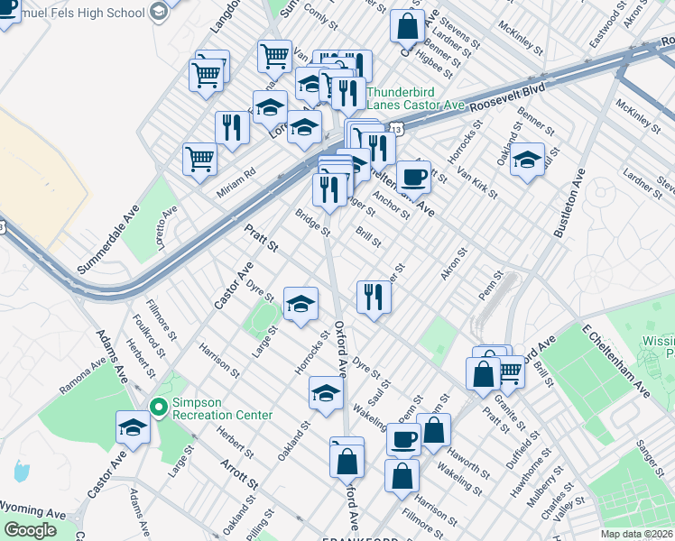 map of restaurants, bars, coffee shops, grocery stores, and more near 5235 Oxford Avenue in Philadelphia