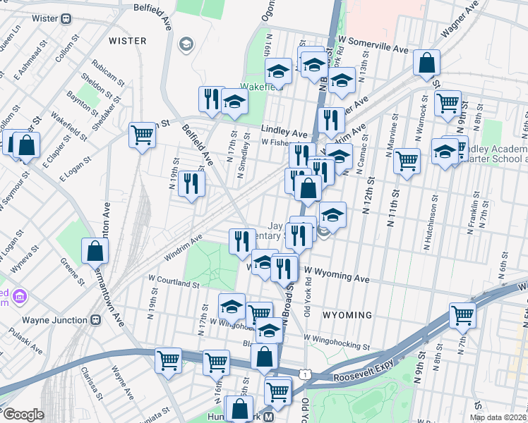 map of restaurants, bars, coffee shops, grocery stores, and more near 4840 North Sydenham Street in Philadelphia