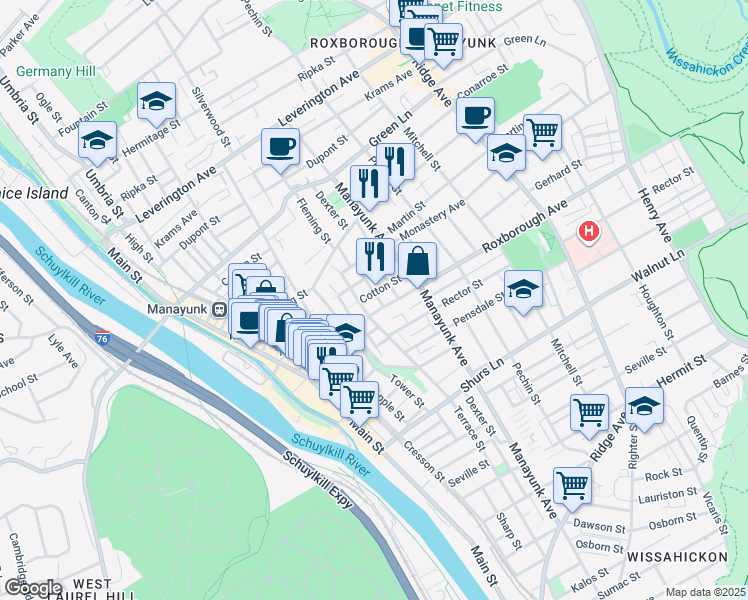 map of restaurants, bars, coffee shops, grocery stores, and more near 4308 Fleming Street in Philadelphia