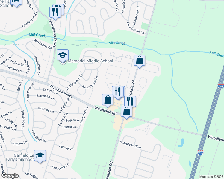 map of restaurants, bars, coffee shops, grocery stores, and more near 175 South Hill Drive in Westampton