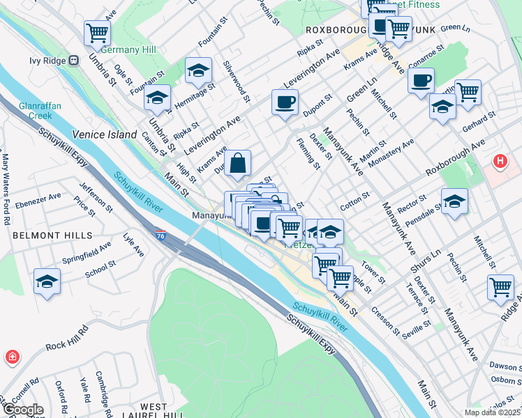 map of restaurants, bars, coffee shops, grocery stores, and more near 4416 Saint Davids Street in Philadelphia