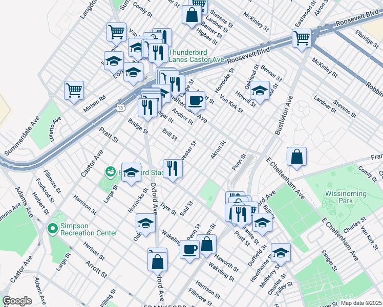 map of restaurants, bars, coffee shops, grocery stores, and more near 5323 Sylvester Street in Philadelphia