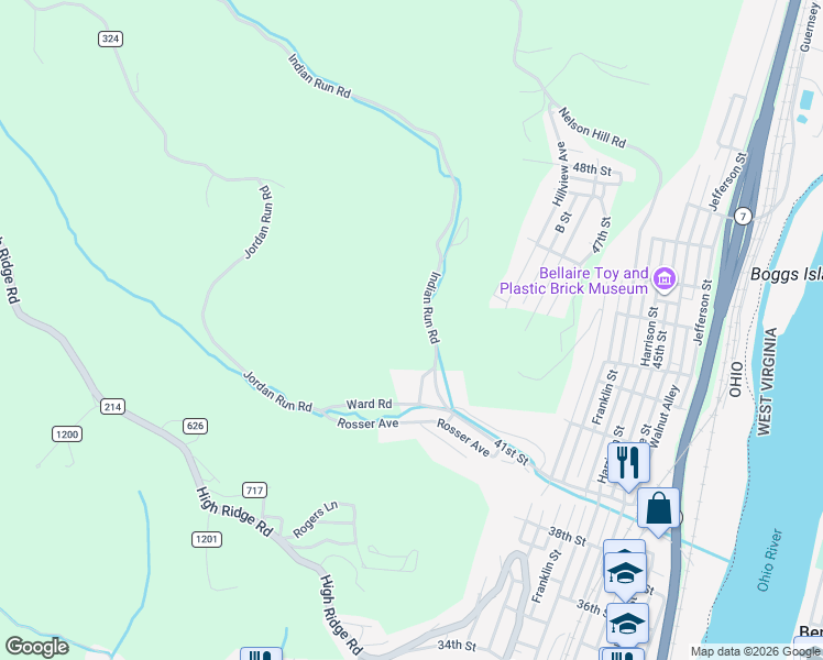 map of restaurants, bars, coffee shops, grocery stores, and more near 65076 Indian Run Road in Bellaire