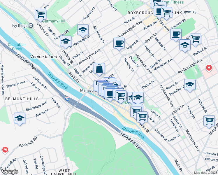 map of restaurants, bars, coffee shops, grocery stores, and more near 4416 Saint Davids Street in Philadelphia