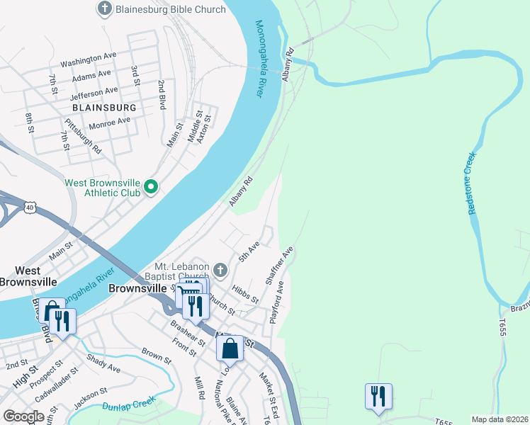 map of restaurants, bars, coffee shops, grocery stores, and more near 555 5th Ave in Brownsville