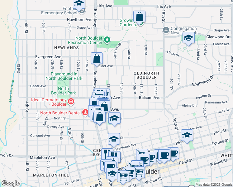 map of restaurants, bars, coffee shops, grocery stores, and more near 2853 14th Street in Boulder
