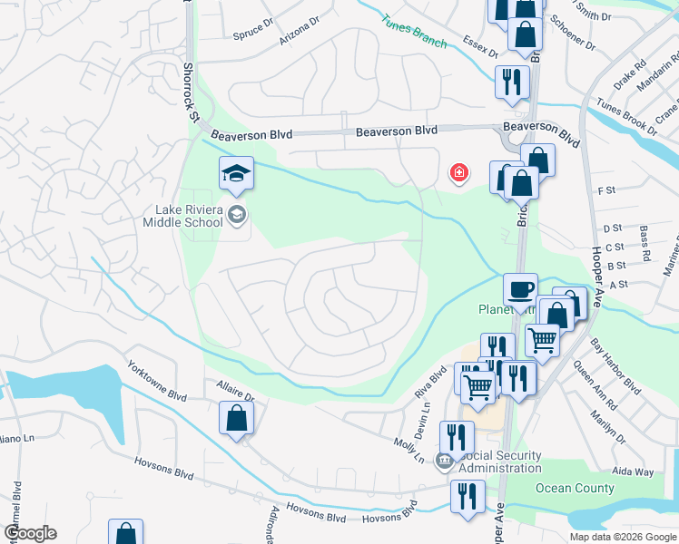 map of restaurants, bars, coffee shops, grocery stores, and more near 99 Lauren Lane North in Brick Township