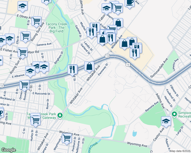 map of restaurants, bars, coffee shops, grocery stores, and more near 5158 Pennway Street in Philadelphia