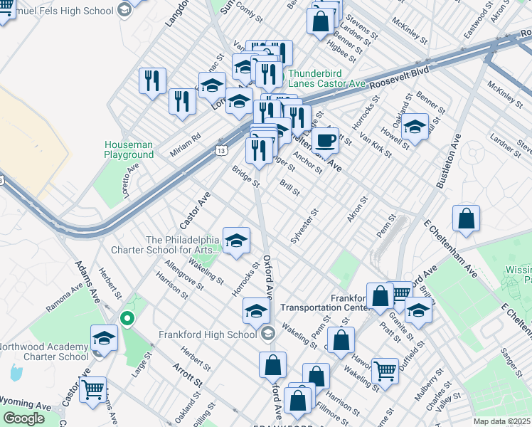 map of restaurants, bars, coffee shops, grocery stores, and more near 5235 Oxford Avenue in Philadelphia