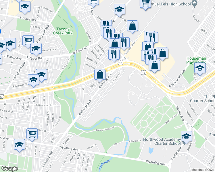 map of restaurants, bars, coffee shops, grocery stores, and more near 5158 Pennway Street in Philadelphia