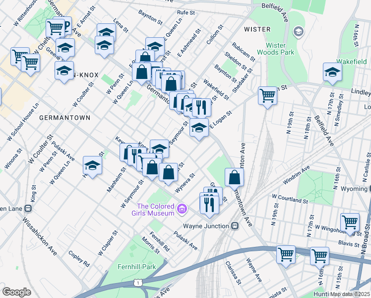 map of restaurants, bars, coffee shops, grocery stores, and more near 4915 Greene Street in Philadelphia