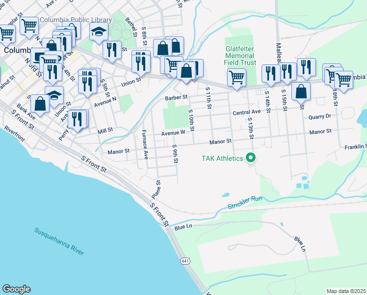 map of restaurants, bars, coffee shops, grocery stores, and more near 722 Manor Street in Columbia
