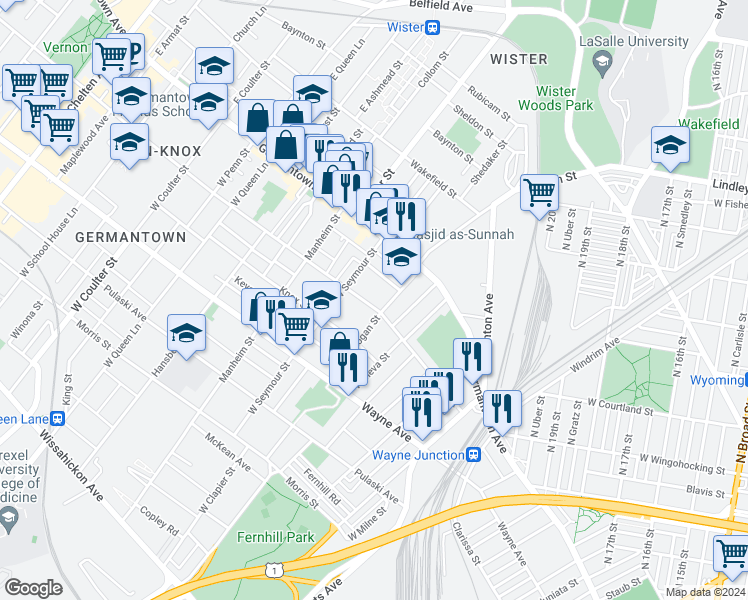 map of restaurants, bars, coffee shops, grocery stores, and more near 4915 Greene Street in Philadelphia