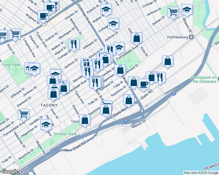 map of restaurants, bars, coffee shops, grocery stores, and more near 7146 Tulip Street in Philadelphia