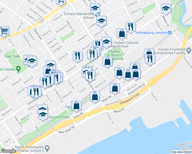 map of restaurants, bars, coffee shops, grocery stores, and more near 7147 Edmund Street in Philadelphia