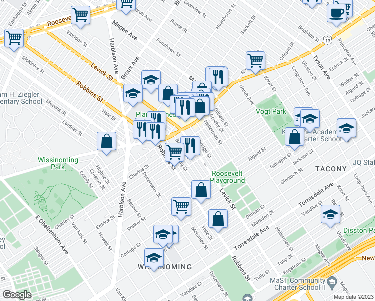 map of restaurants, bars, coffee shops, grocery stores, and more near 4119 Levick Street in Philadelphia