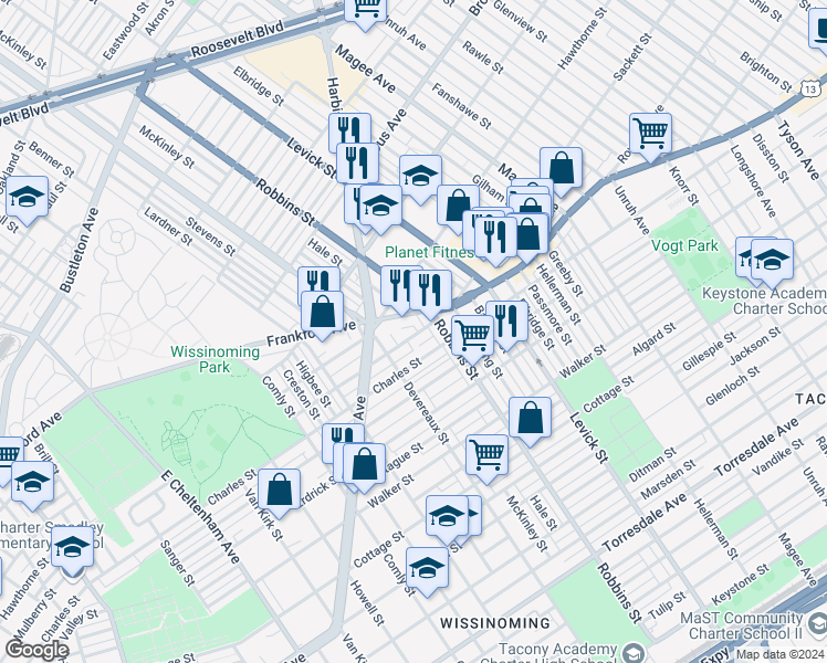 map of restaurants, bars, coffee shops, grocery stores, and more near 6217 Frankford Avenue in Philadelphia