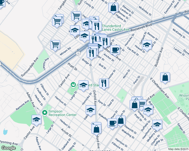 map of restaurants, bars, coffee shops, grocery stores, and more near 1136 Bridge Street in Philadelphia