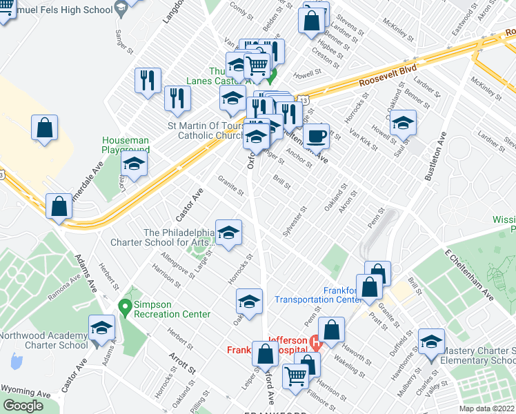 map of restaurants, bars, coffee shops, grocery stores, and more near 1082 Granite Street in Philadelphia