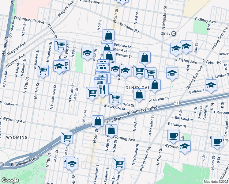 map of restaurants, bars, coffee shops, grocery stores, and more near 5015 North 4th Street in Philadelphia