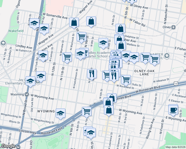 map of restaurants, bars, coffee shops, grocery stores, and more near 4956 North 7th Street in Philadelphia