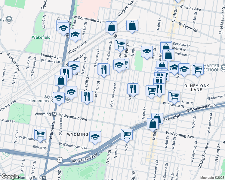 map of restaurants, bars, coffee shops, grocery stores, and more near 4936 North Hutchinson Street in Philadelphia