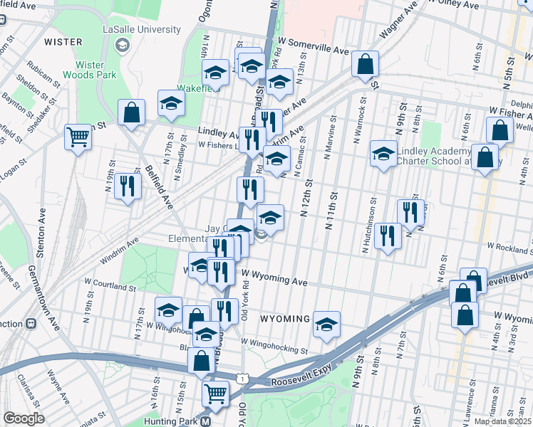 map of restaurants, bars, coffee shops, grocery stores, and more near 1300 West Albanus Street in Philadelphia