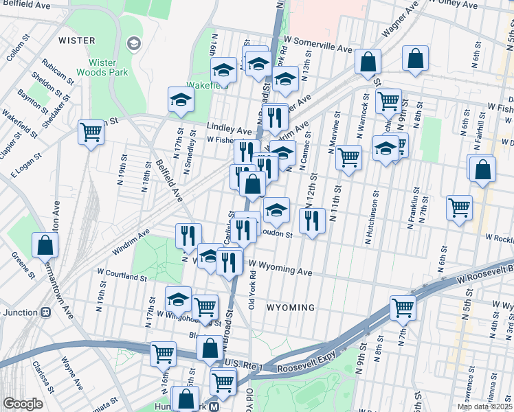 map of restaurants, bars, coffee shops, grocery stores, and more near 1360 West Rockland Street in Philadelphia