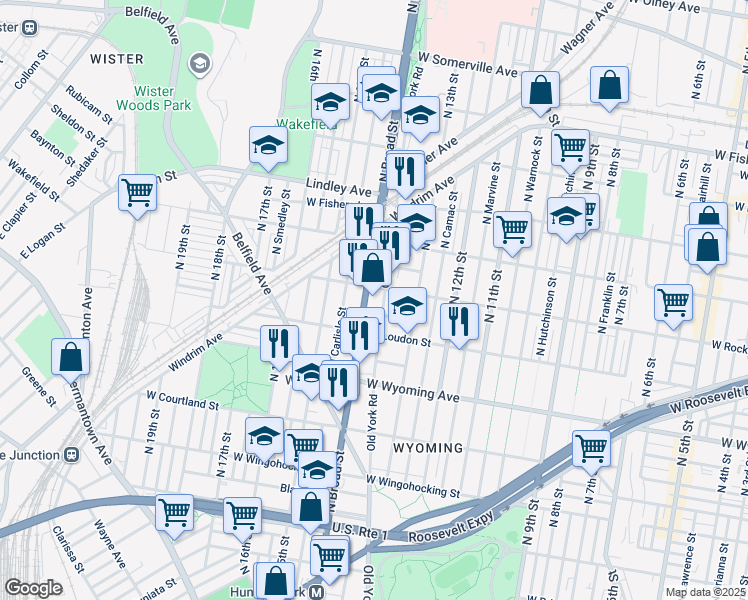 map of restaurants, bars, coffee shops, grocery stores, and more near 1360 West Rockland Street in Philadelphia