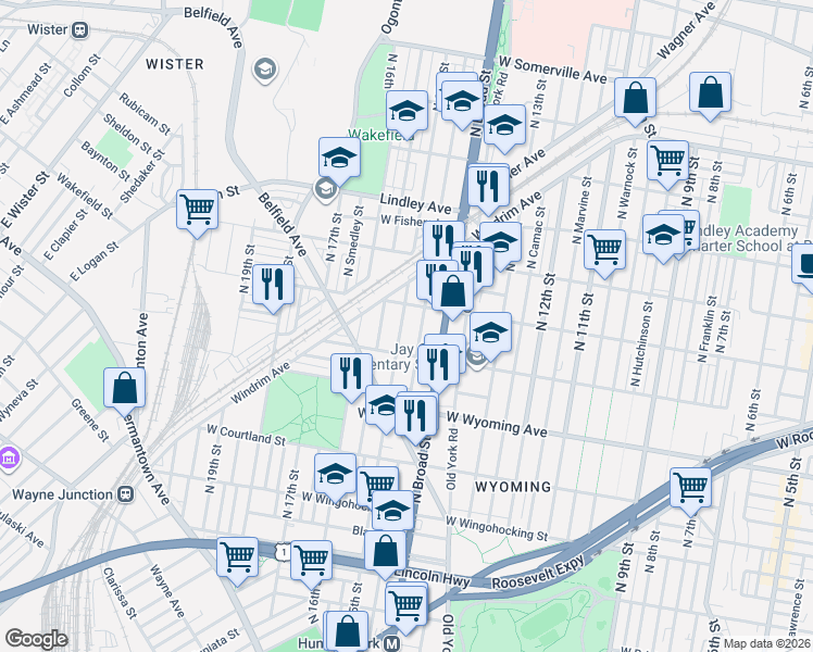 map of restaurants, bars, coffee shops, grocery stores, and more near 1428 West Rockland Street in Philadelphia