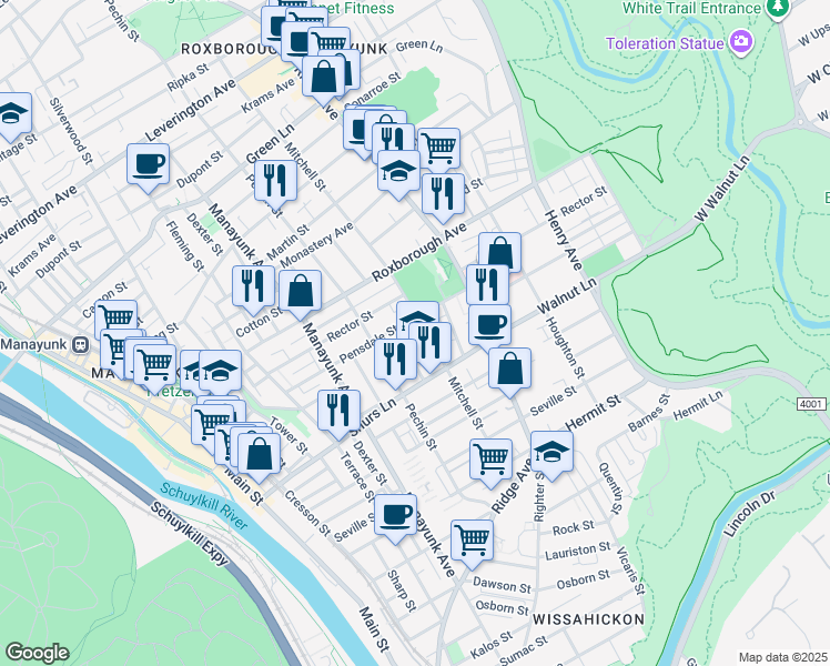 map of restaurants, bars, coffee shops, grocery stores, and more near 4200 Mitchell Street in Philadelphia
