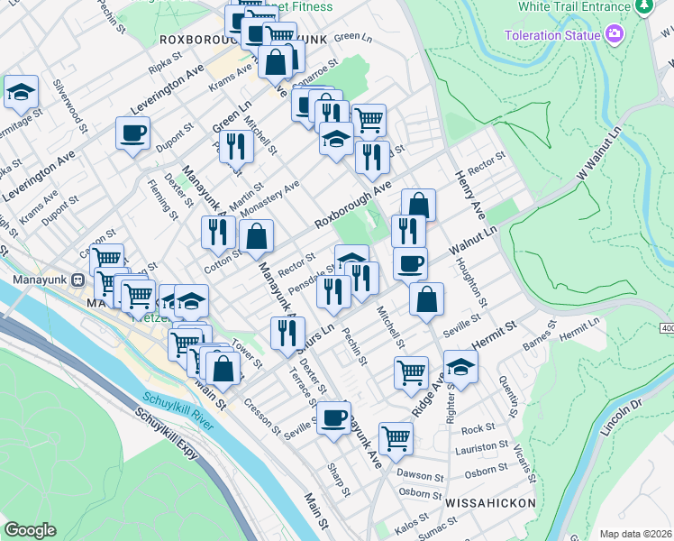 map of restaurants, bars, coffee shops, grocery stores, and more near 4200 Mitchell Street in Philadelphia