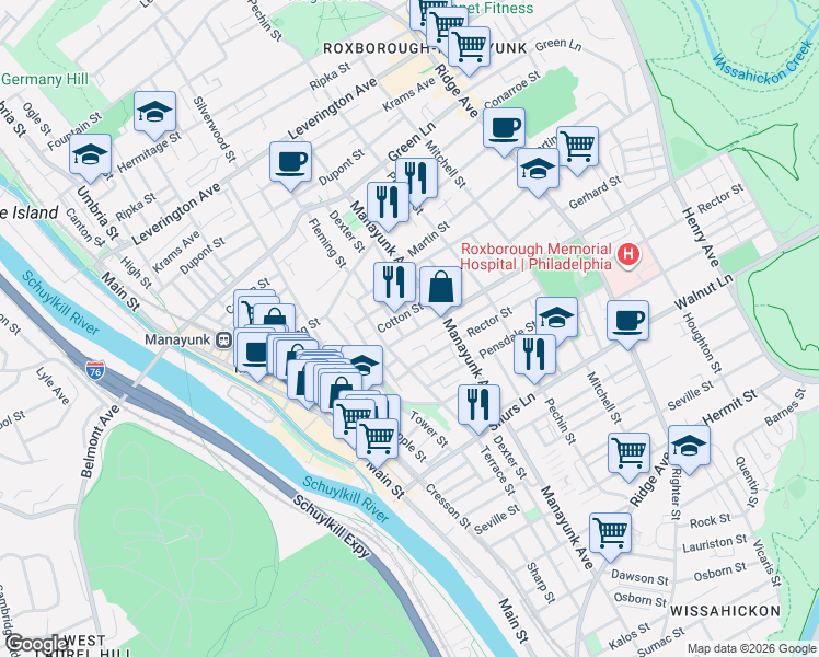 map of restaurants, bars, coffee shops, grocery stores, and more near 254 Roxborough Avenue in Philadelphia