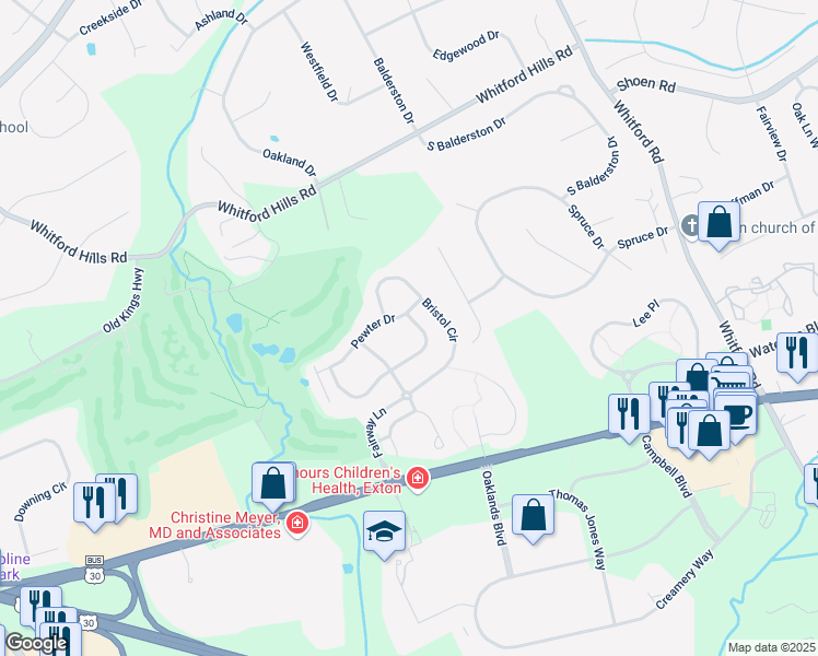map of restaurants, bars, coffee shops, grocery stores, and more near 505 East Saxony Drive in Exton