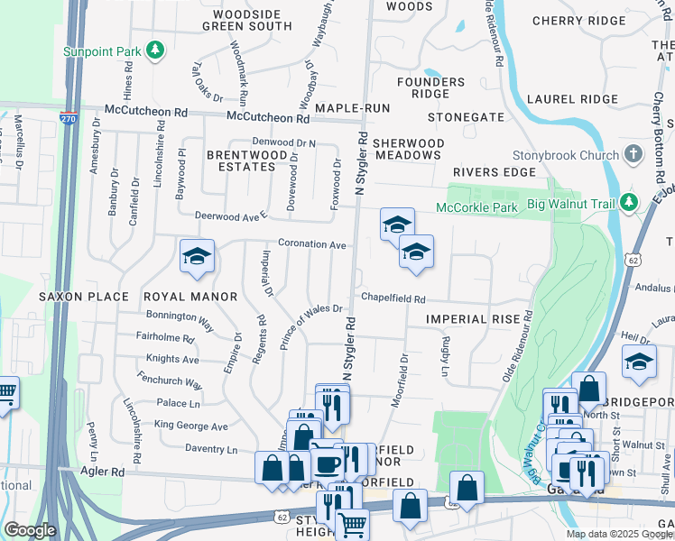 map of restaurants, bars, coffee shops, grocery stores, and more near 349 North Stygler Road in Columbus