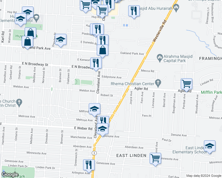 map of restaurants, bars, coffee shops, grocery stores, and more near 1880 Agler Road in Columbus