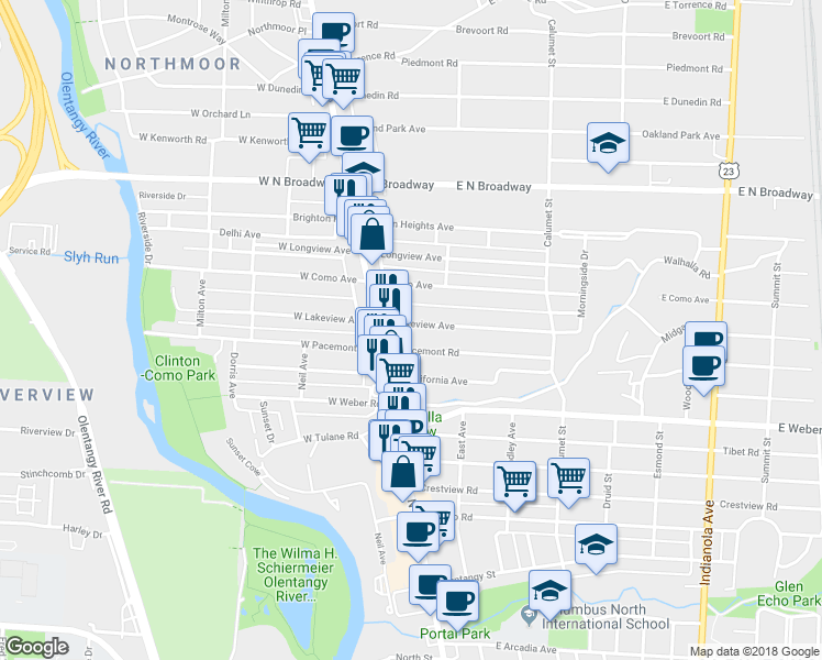 map of restaurants, bars, coffee shops, grocery stores, and more near 54 East Lakeview Avenue in Columbus