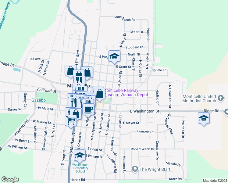 map of restaurants, bars, coffee shops, grocery stores, and more near 318 East Center Street in Monticello
