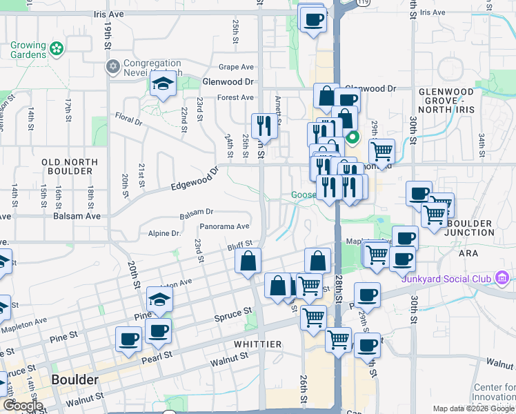 map of restaurants, bars, coffee shops, grocery stores, and more near 2695 Folsom Street in Boulder