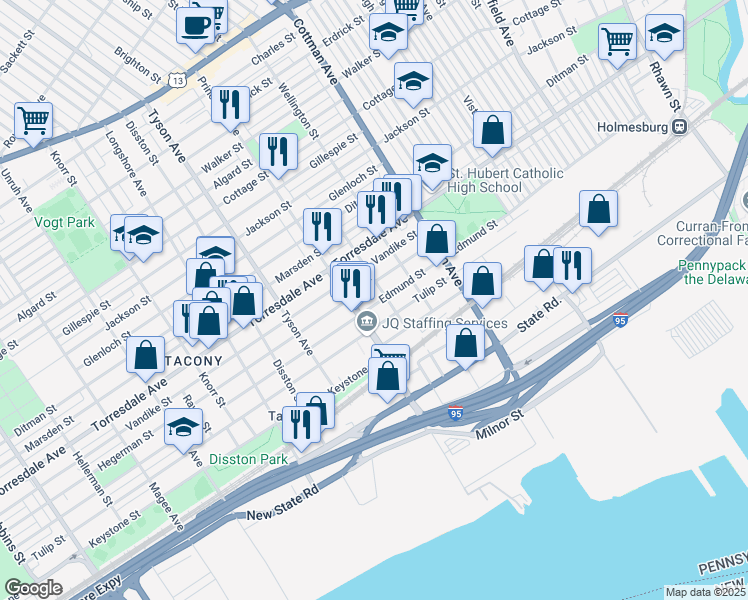 map of restaurants, bars, coffee shops, grocery stores, and more near 7128 Edmund Street in Philadelphia