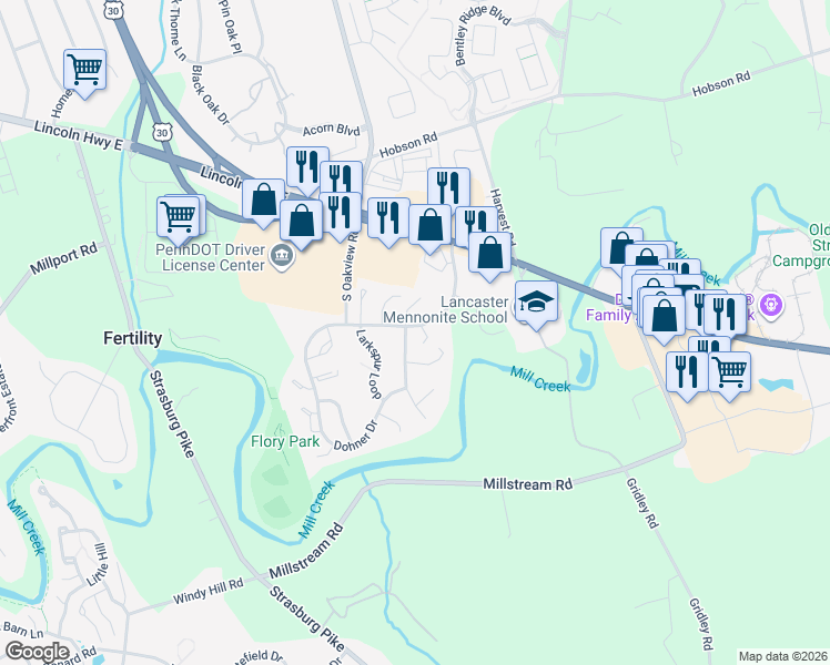 map of restaurants, bars, coffee shops, grocery stores, and more near 226 Greenland Drive in Lancaster