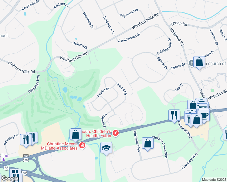 map of restaurants, bars, coffee shops, grocery stores, and more near 505 East Saxony Drive in Exton