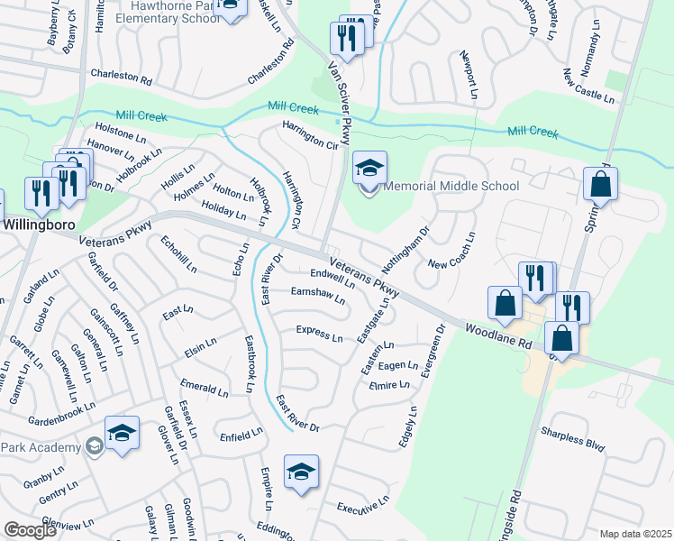 map of restaurants, bars, coffee shops, grocery stores, and more near 37 Endwell Lane in Willingboro