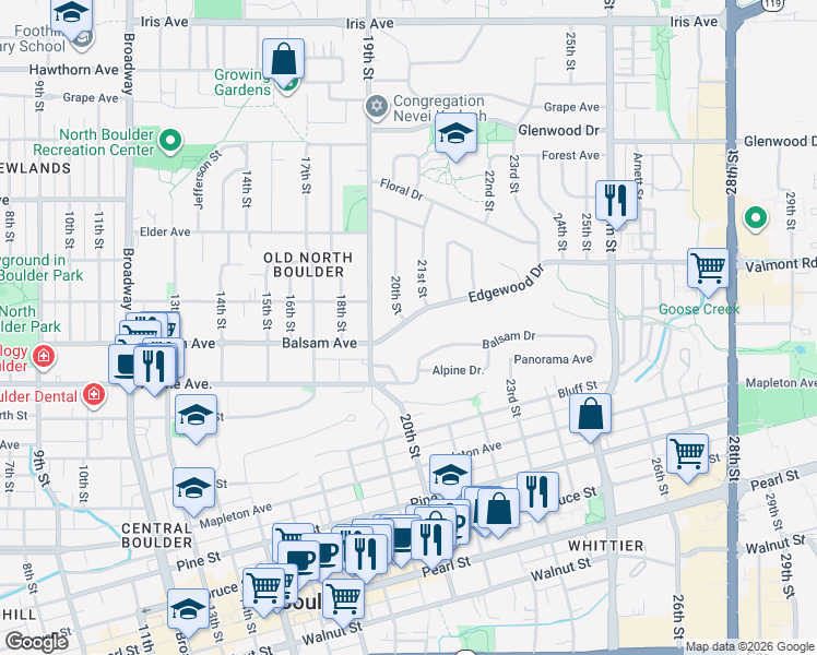 map of restaurants, bars, coffee shops, grocery stores, and more near 2000 Edgewood Drive in Boulder
