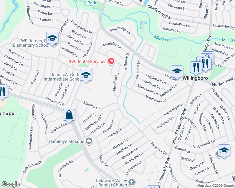 map of restaurants, bars, coffee shops, grocery stores, and more near 15 Mandolin Lane in Willingboro