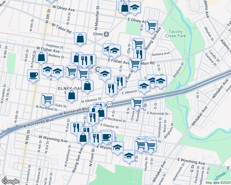 map of restaurants, bars, coffee shops, grocery stores, and more near 4986 Rising Sun Avenue in Philadelphia