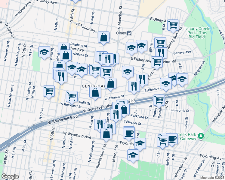 map of restaurants, bars, coffee shops, grocery stores, and more near 162 West Ashdale Street in Philadelphia